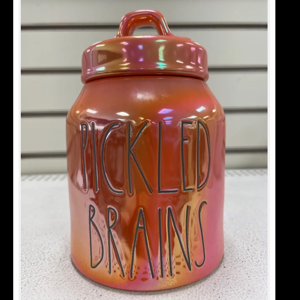 NEW Rae Dunn "PICKLED BRAINS" Orange Iridescent Canister